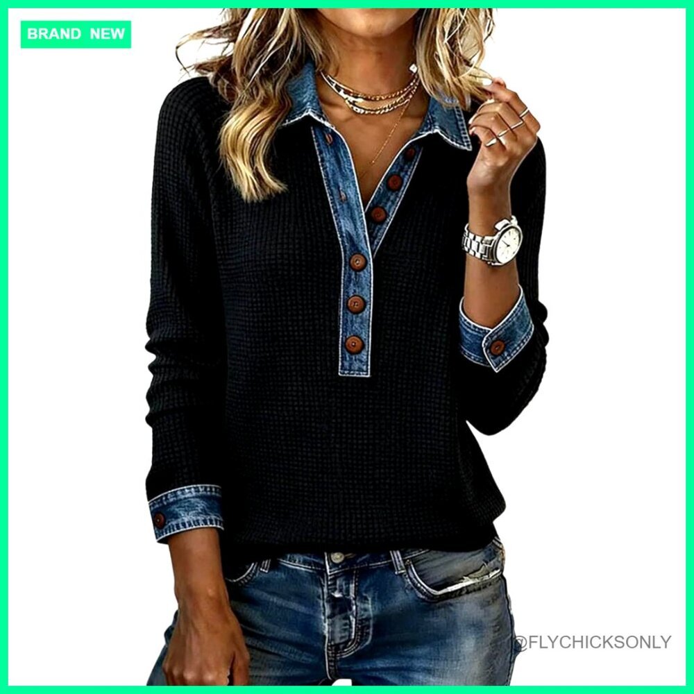 Denim Collar Patchwork Tunic Top with Wooden Buttons Loose Fit